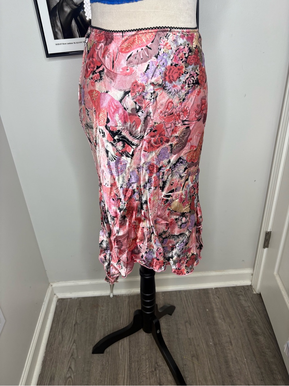 Angie Pink Floral Satin Midi Slip Skirt